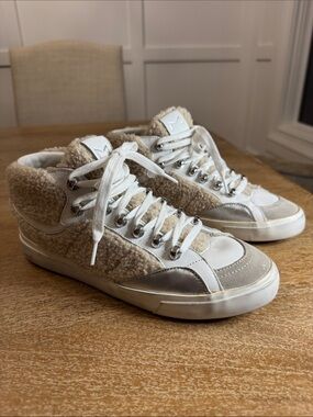 Marc Fisher suede, leather , and sherpa wrapped high top tennis shoes. size 8